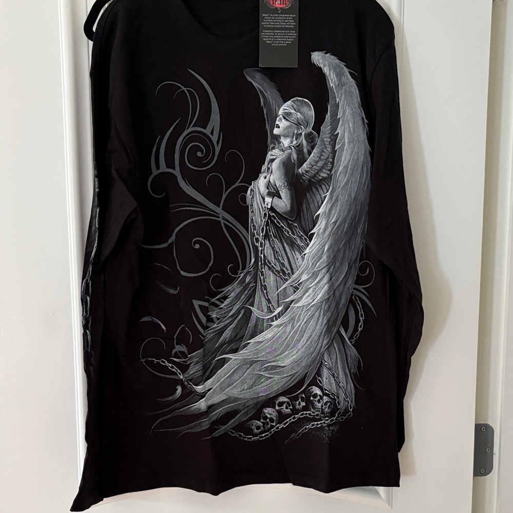 Spiral Direct Black Angelic Graphic Long Sleeve Double Sided Tee sz L NWT